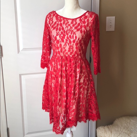 NWT! Free People Floral Red Lace Dress, 6 - Picture 3 of 8